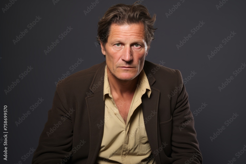 Handsome middle aged man with a serious expression, over grey background