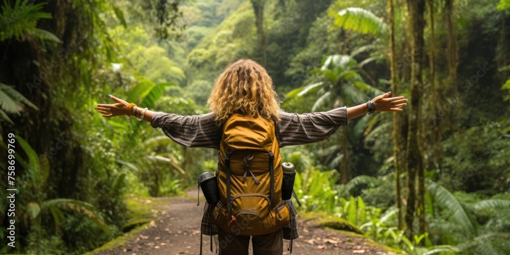 Amidst the tropical foliage, a delighted woman hiker embraces the lush surroundings with open arms.