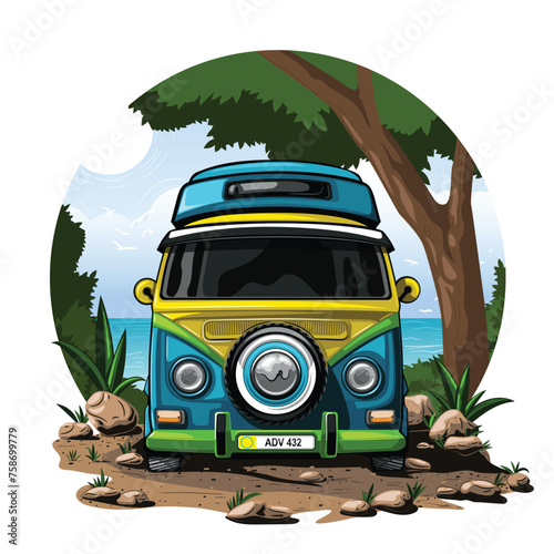 Bus travelers with seascape at the back.