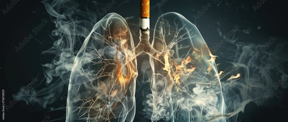 Abstract human lungs in tobacco cigarette smoke. Concept for quitting smoking and No Smoking Day. Background - obrazy, fototapety, plakaty 