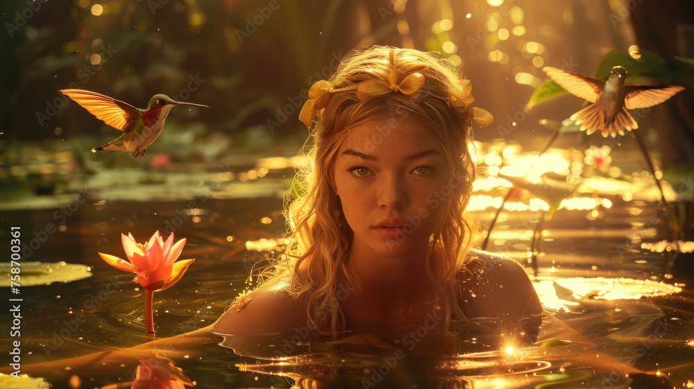 Fototapeta premium A beautiful exotic blonde hair caucasian american girl emerging from pound water with plants and beautiful light showing the details of the beauty face in this luxuriant environment