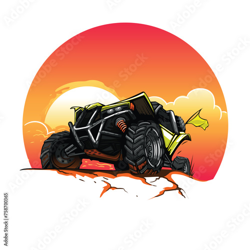 Off-road ATV buggy overcomes obstacles against the background of a sunset.
