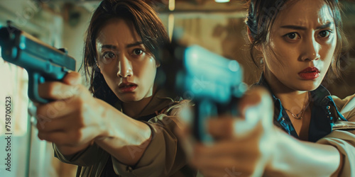 Two asian policewomen detective arriving on a crime scene in flagrante delicto are pointing gun towards criminals photo