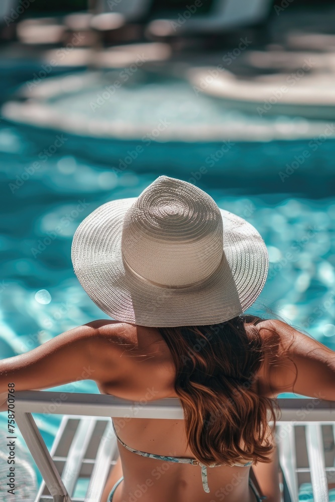 Back view of young woman in straw hat relaxing in swimming pool on summer vacation