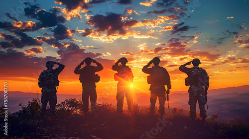Sunset backdrop with USA Army soldiers saluting, Generative Ai