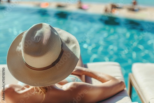 Back view of young woman in straw hat relaxing in swimming pool on summer vacation © ttonaorh