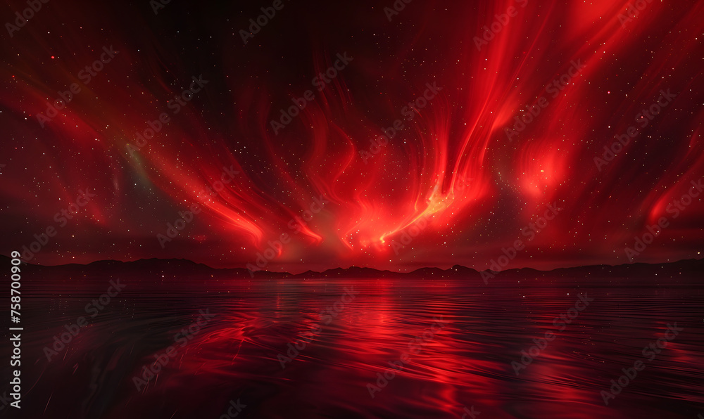 A red and black abstract polar aurora, dancing in the night sky, Generative AI