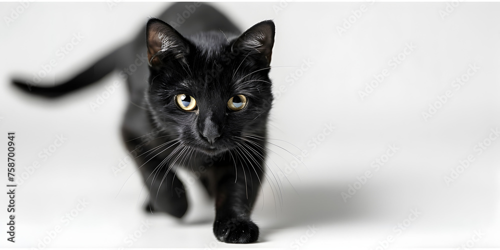 Black cat laying on the waking .Black cat sitting on a white background, 


