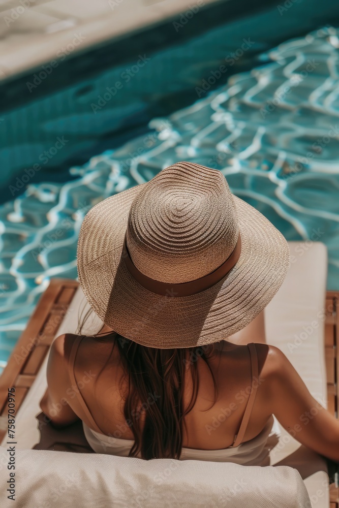 Back view of young woman in straw hat relaxing in swimming pool on summer vacation