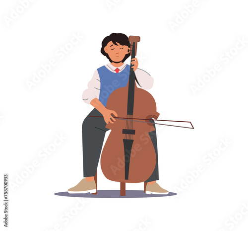 Illustration of sad boy of male character contrabass player. Artist young man musician playing double bass. Cartoon flat design vector isolated on white background