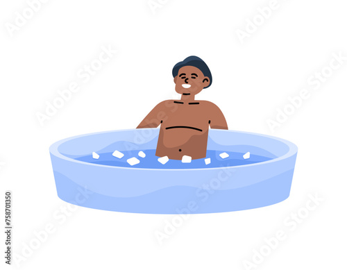 Illustration of a man is soaking in ice water or cold water. Enjoy taking a shower with cold water. therapy with ice water. cool the body. Flat or cartoon style character illustration design. graphic