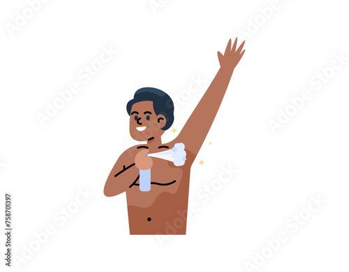 Illustration of a man using deodorant spray. Spraying deodorant on the armpits to eliminate body odor or underarm odor and sweat odor. flat or cartoon style illustration design. graphic elements