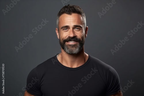 Portrait of handsome mature man in black t-shirt over grey background.