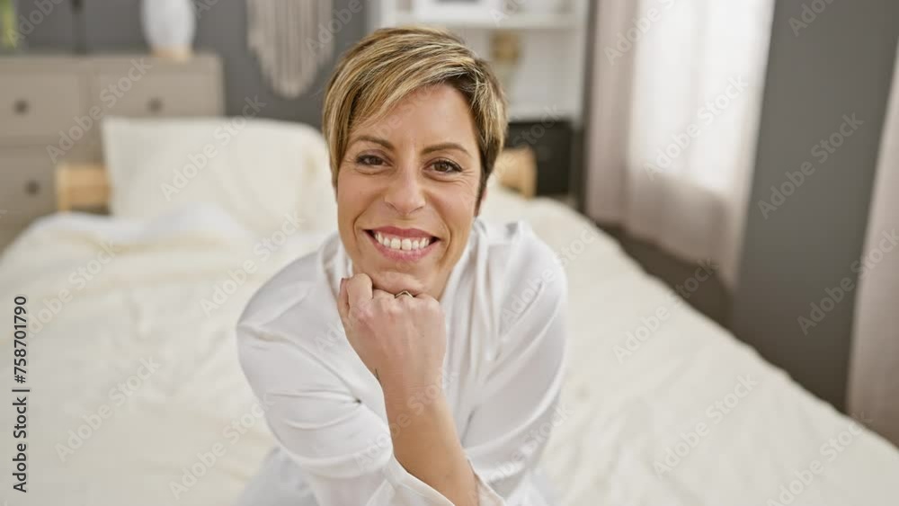 A smiling woman with short blonde hair, dressed in white, relaxes on a bed in a well-lit modern bedroom. A smiling woman with short blonde hair, dressed in white, relaxes on a bed in a well-lit modern bedroom.