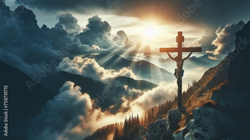 A powerful image portraying a crucifix atop a mountain, bathed in sunlight breaking through the clouds, offering inspiration and reverence in Christian faith