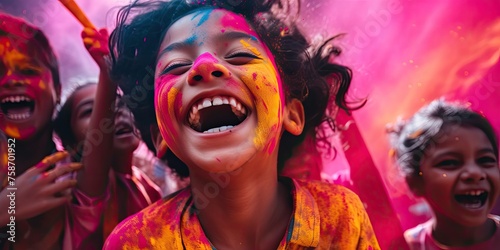 A woman immersed in the vibrant festivities of Holi  adorned in colorful attire and exuding joy.