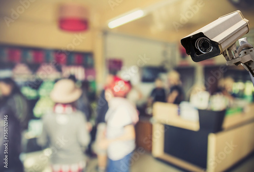 Image of CCTV security camera on blurred coffee shop background.
