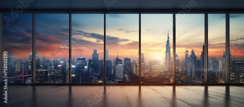 City skyline buildings visible from tall building window. Luxurious real estate view from empty room. Wall mockup with skyscrapers in cityscape at sunset.