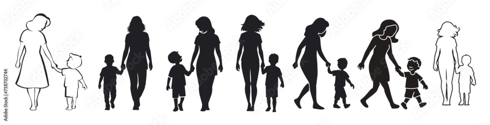 Silhouette set of mom walking with son, Generative Ai