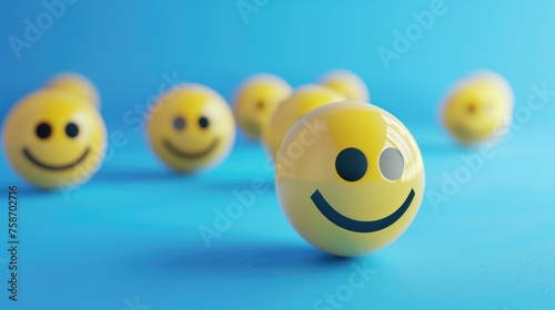 Row of smiling emoticon balls on blue background, concept of happiness and positive customer feedback - AI generated