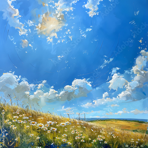 Sunflower Field and Beautiful Sky Painting Generative AI