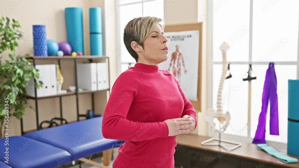 Hispanic woman with short blonde hair in a pink sweater stands meditatively at a rehab clinic. Hispanic woman with short blonde hair in a pink sweater stands meditatively at a rehab clinic.
