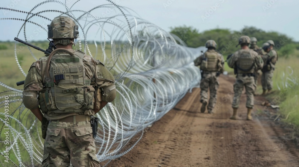 Illegal immigrants, Emigration Crisis - Military and border guards with weapons stand along the border with barbed wire, guarding the border Illegal immigrants, Emigration Crisis - Military and border guards with weapons stand along the border with barbed wire, guarding the border