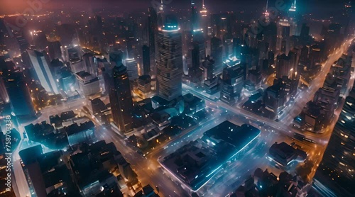 aerial drone hyper lapse, futuristic city with skyscrapers at night with busy street traffic and colorful lights, cinematic 1 photo