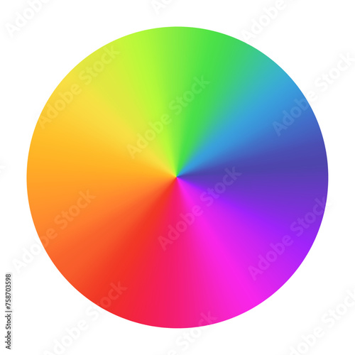 Radial rainbow gradient circular swirl, color spectrum in a vibrant wheel, RGB gradation. Flat vector illustration isolated on white background.