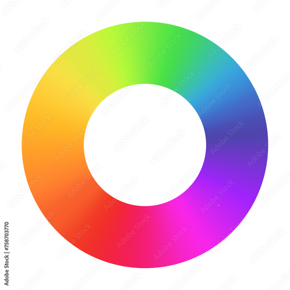 Radial rainbow gradient circular swirl, color spectrum in a vibrant wheel, RGB gradation. Flat vector illustration isolated on white background.