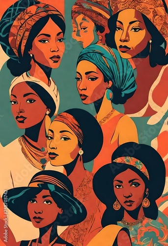 VINTAGE COLORED panting collage art of flat vector silhouettes  of diverse and ethnic women. Black  african  african america. national womens day.  