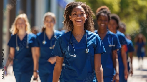 A diverse group of smiling female student nurses wearing blue scrubs walks together outside a medical school on a university hospital campus. © inthasone