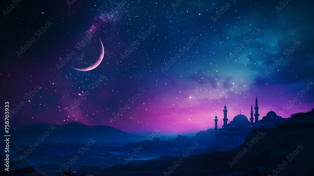 Fototapeta premium A mosque stands tall against a starry Ramadan night sky