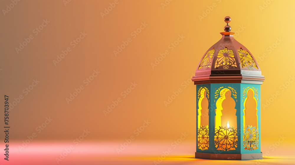 A lit Ramadan lantern casts a warm glow against a clear yellow and pink background. A lit Ramadan lantern casts a warm glow against a clear yellow and pink background.