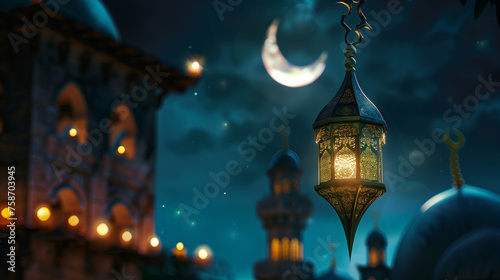 A lit Ramadan lantern hangs from a tree branch, casting a warm glow on a mosque in the background.