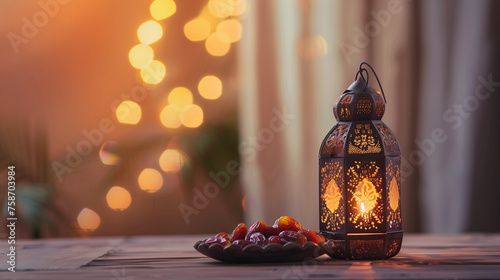 A Ramadan lantern sits next to a plate of dates
