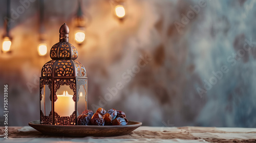 A Ramadan lantern sits next to a plate of dates © Jakraphong