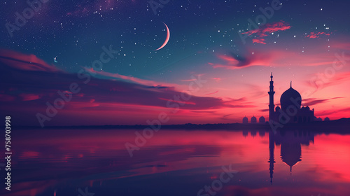 A silhouette of a mosque is reflected on a calm ocean under a stunning sunset sky