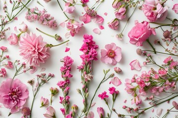 Flowers composition. Pink flowers on white background. Flat lay