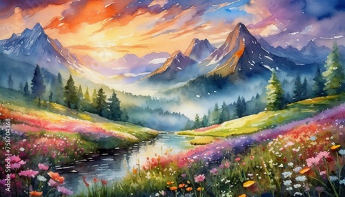 sunrise in mountains spring full with flowers photo
