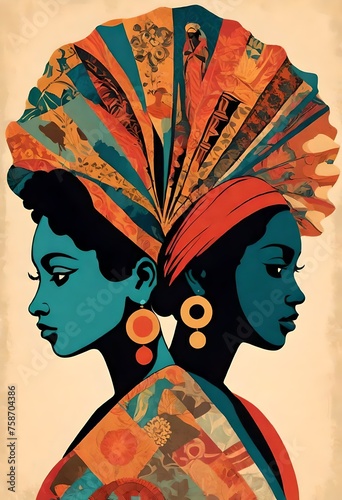 VINTAGE COLORED panting collage art of flat vector silhouettes of diverse and ethnic women. Black, african, african america. national womens day. 