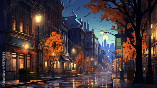 Night scene of a street in cityillustration painting . photo