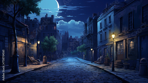 Night scene of a street in cityillustration painting . photo