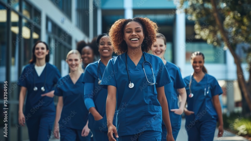 A diverse group of smiling female student nurses wearing blue scrubs walks together outside a medical school on a university hospital campus. A diverse group of smiling female student nurses wearing blue scrubs walks together outside a medical school on a university hospital campus.