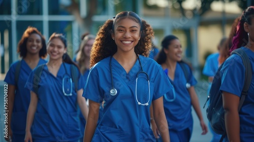 A diverse group of smiling female student nurses wearing blue scrubs walks together outside a medical school on a university hospital campus. photo