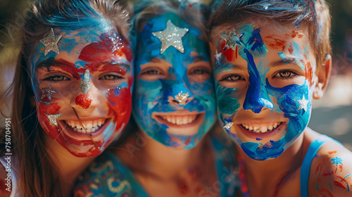 Children with Paint on Their Faces in American Flag Memorial Day, Generative AI