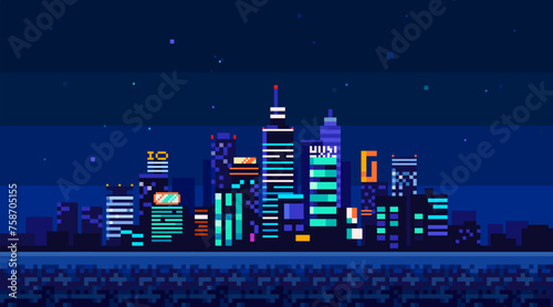 Futuristic night city Cityscape panarama in retro pixel graphics. Abstract Urban Landscape background in 8-Bit Retro Game style in cyberpunk style. Abstract neon urban cityscape. Pixel skyscraper
 photo
