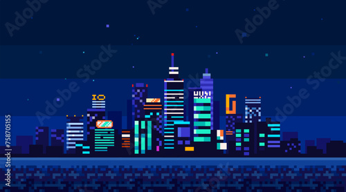 Futuristic night city Cityscape panarama in retro pixel graphics. Abstract Urban Landscape background in 8-Bit Retro Game style in cyberpunk style. Abstract neon urban cityscape. Pixel skyscraper
