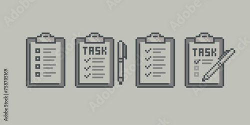 Retro Pixel Note Task List isolated vector icon set. Checklist of completed tasks pixel perfect retro 8-Bit game graphics. Checklist data in pixel graphics style. To Do List icon