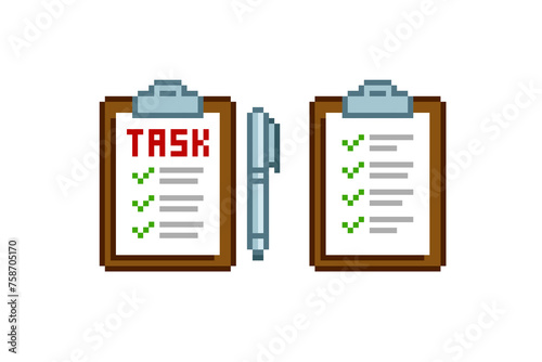Retro Pixel Note Task List isolated vector icon set. Checklist data in pixel graphics style. To Do List icon. Clipboard icon in 8-bit retro video game style on white background